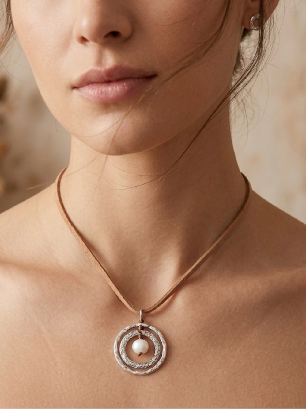 Artisan Silver Double-Ring Pendant with Pearl on Brown Cord